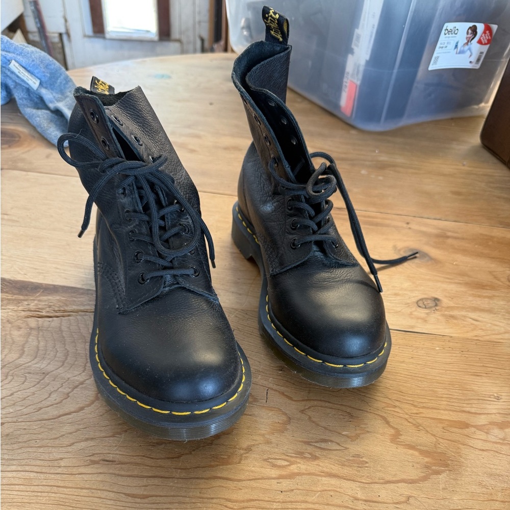 Dr. Martens Black Leather Boots with Yellow Stitching